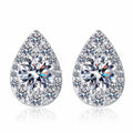 Pear Halo Round Moissanite Stud Earrings with CZ in Rhodium-Plated S925 sterling silver white background product photo showing the pair, stone shape, and stud earrings silhouette