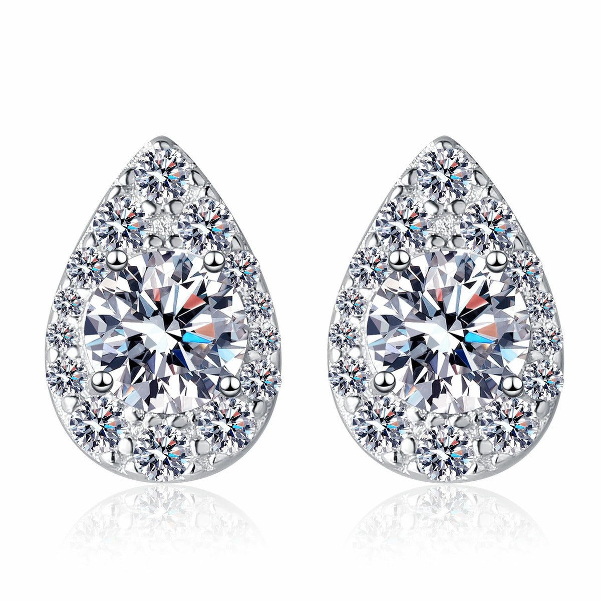 Pear Halo Round Moissanite Stud Earrings with CZ in Rhodium-Plated S925 sterling silver white background product photo showing the pair, stone shape, and stud earrings silhouette