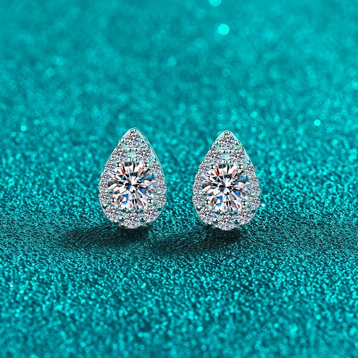 Pear Halo Round Moissanite Stud Earrings with CZ in Rhodium-Plated S925 sterling silver product scene view showing front sparkle
