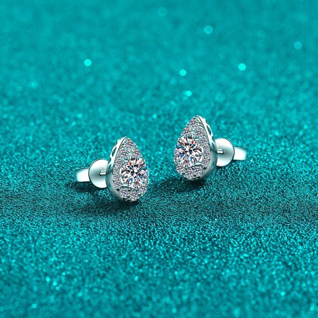 Pear Halo Round Moissanite Stud Earrings with CZ in Rhodium-Plated S925 sterling silver product scene view showing angled setting detail