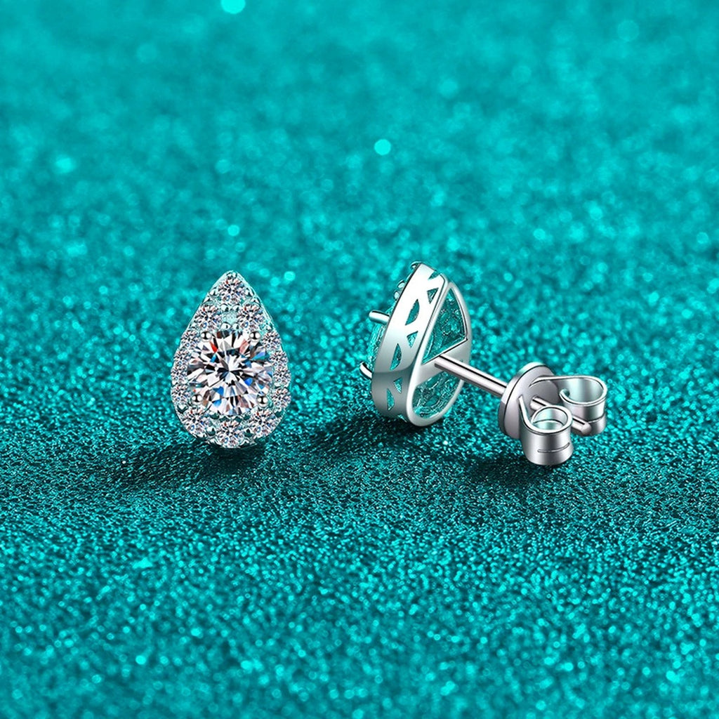 Pear Halo Round Moissanite Stud Earrings with CZ in Rhodium-Plated S925 sterling silver product scene view showing side profile