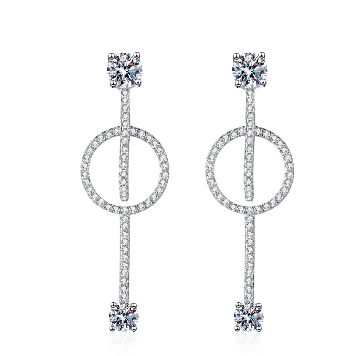 Linear Moissanite Stud Drop Earrings with CZ in Rhodium-Plated S925 sterling silver white background product photo showing the pair, stone shape, and stud earrings silhouette
