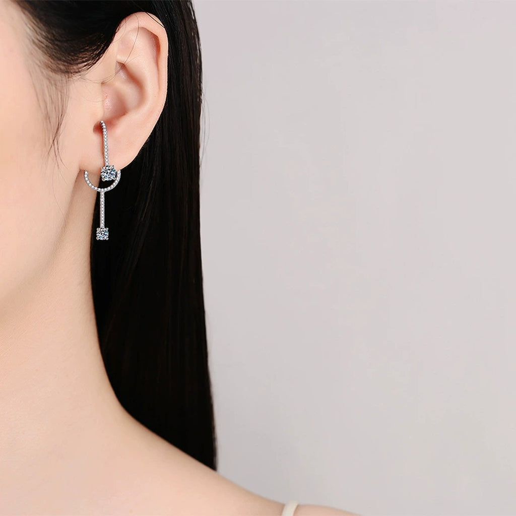 Linear Moissanite Stud Drop Earrings with CZ in Rhodium-Plated S925 sterling silver worn on ear by model showing scale, placement, and stud earrings styling