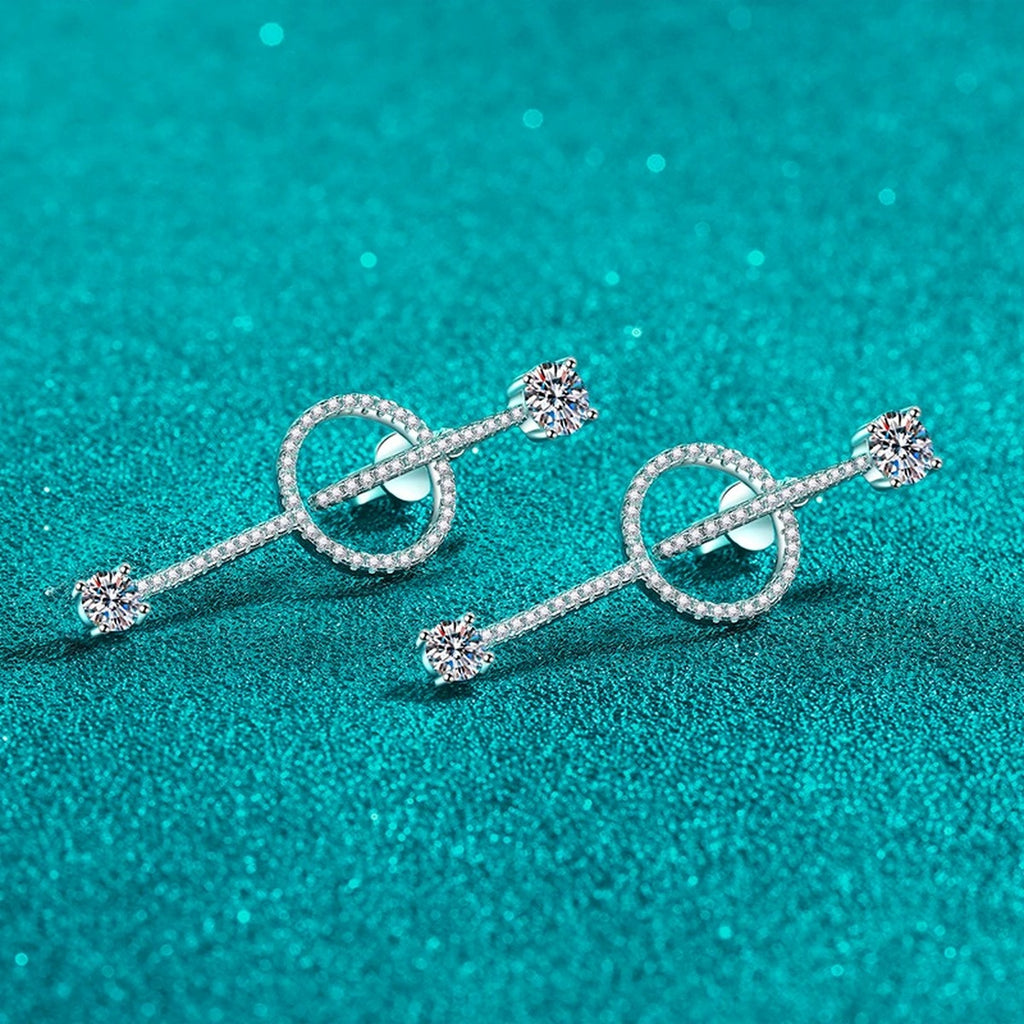 Linear Moissanite Stud Drop Earrings with CZ in Rhodium-Plated S925 sterling silver product scene view showing front sparkle