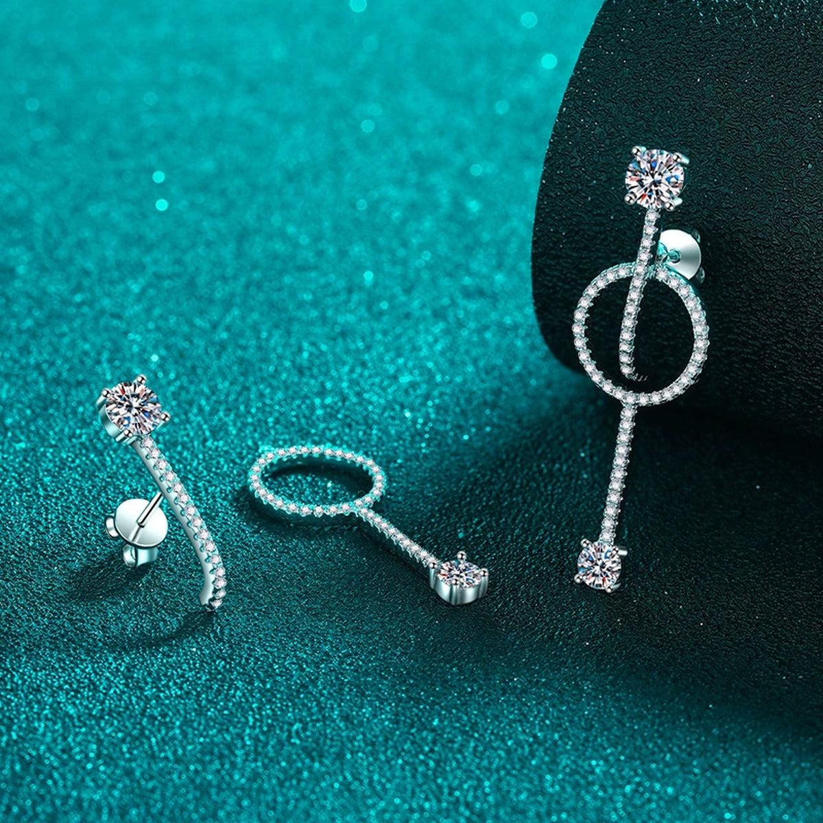 Linear Moissanite Stud Drop Earrings with CZ in Rhodium-Plated S925 sterling silver product scene view showing side profile