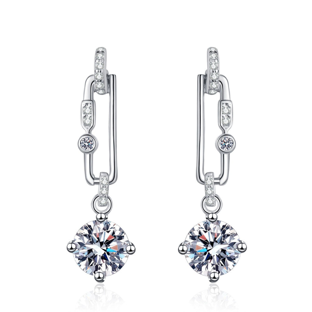 Round Moissanite Stud Dangle Earrings with CZ in Rhodium-Plated S925 sterling silver white background product photo showing the pair, stone shape, and stud dangle earrings silhouette