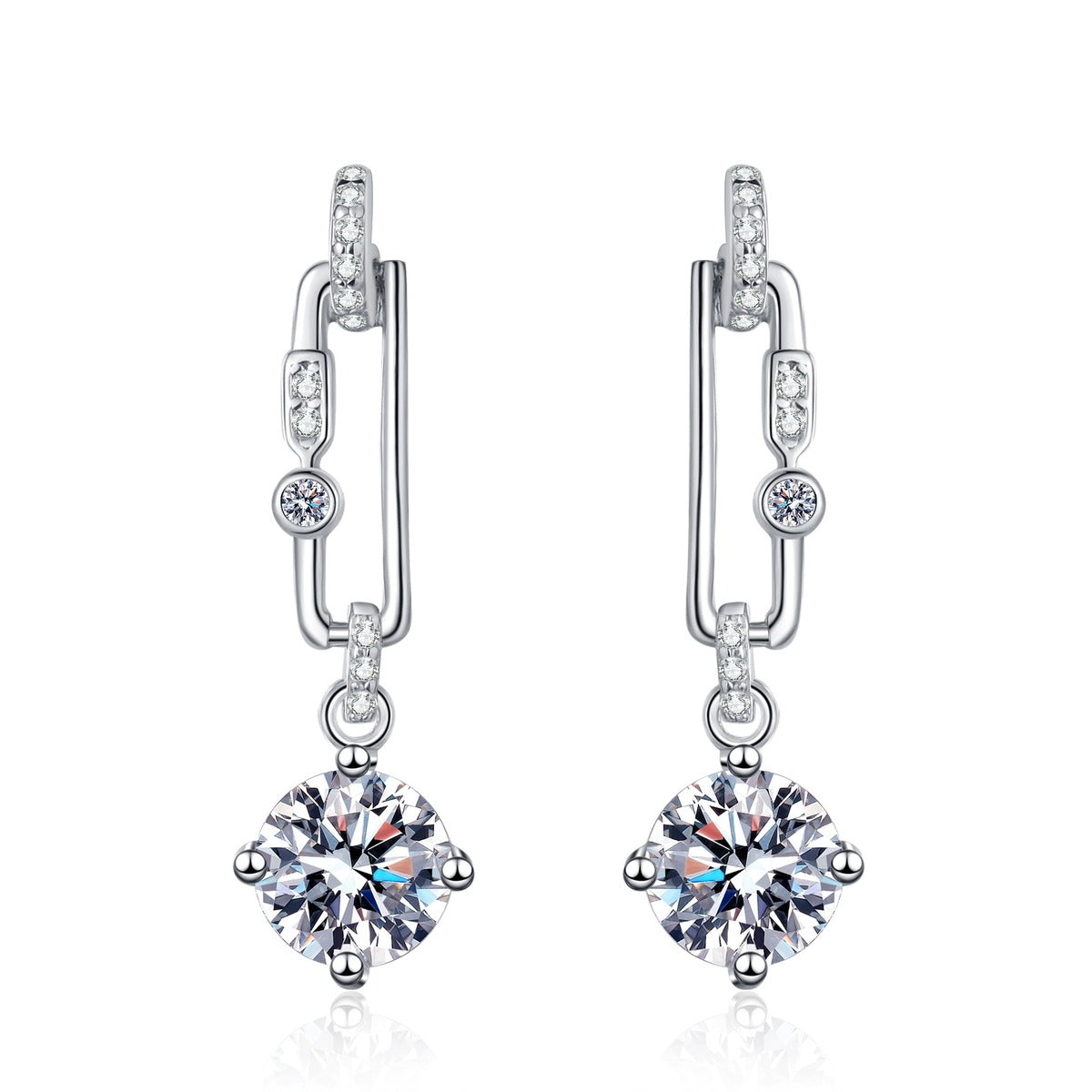 Round Moissanite Stud Dangle Earrings with CZ in Rhodium-Plated S925 sterling silver white background product photo showing the pair, stone shape, and stud dangle earrings silhouette