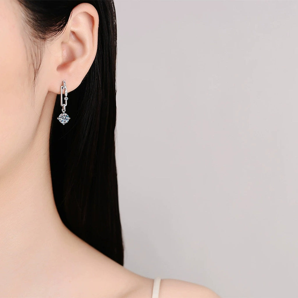 Round Moissanite Stud Dangle Earrings with CZ in Rhodium-Plated S925 sterling silver worn on ear by model showing scale, placement, and stud dangle earrings styling