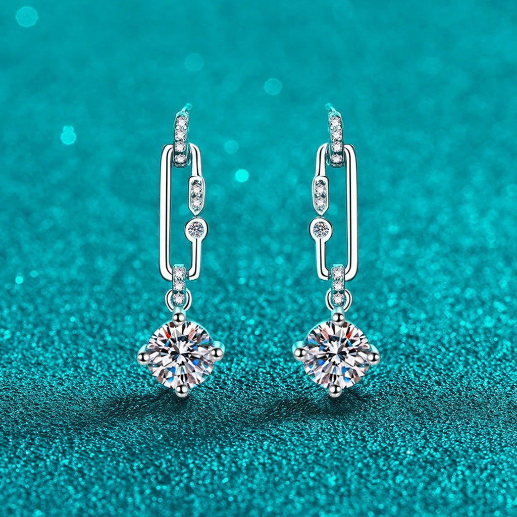 Round Moissanite Stud Dangle Earrings with CZ in Rhodium-Plated S925 sterling silver product scene view showing front sparkle