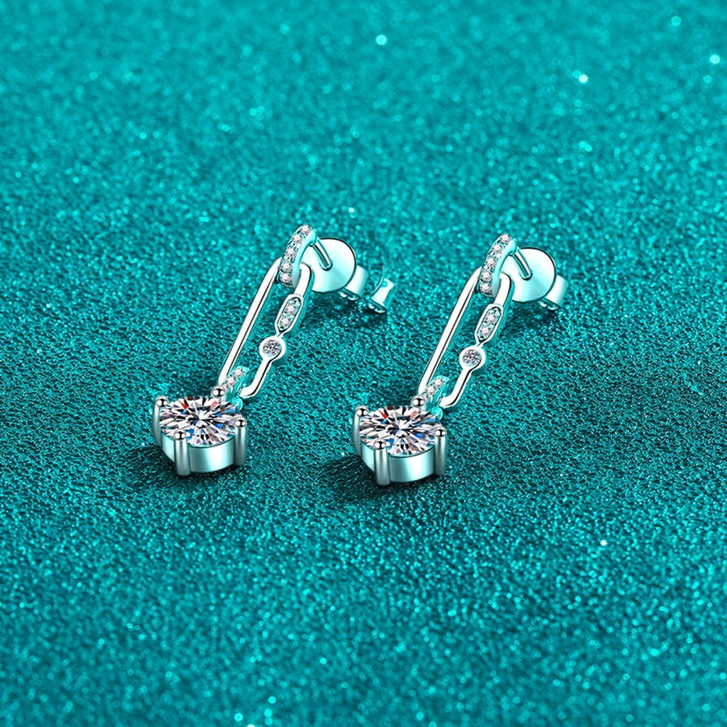 Round Moissanite Stud Dangle Earrings with CZ in Rhodium-Plated S925 sterling silver product scene view showing angled setting detail