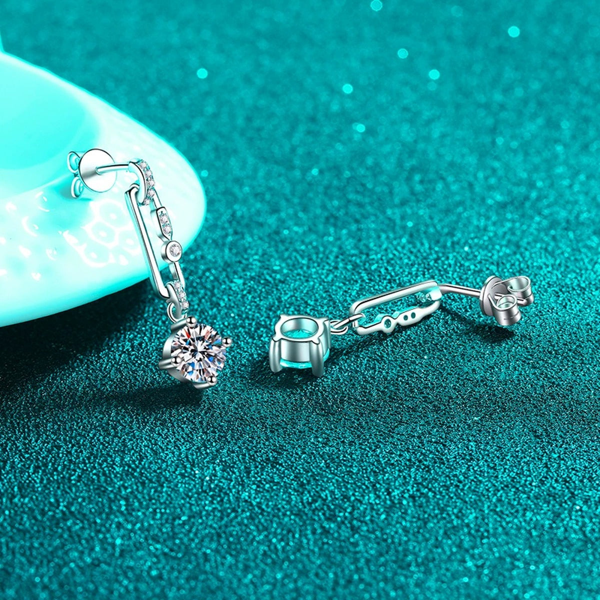 Round Moissanite Stud Dangle Earrings with CZ in Rhodium-Plated S925 sterling silver product scene view showing side profile