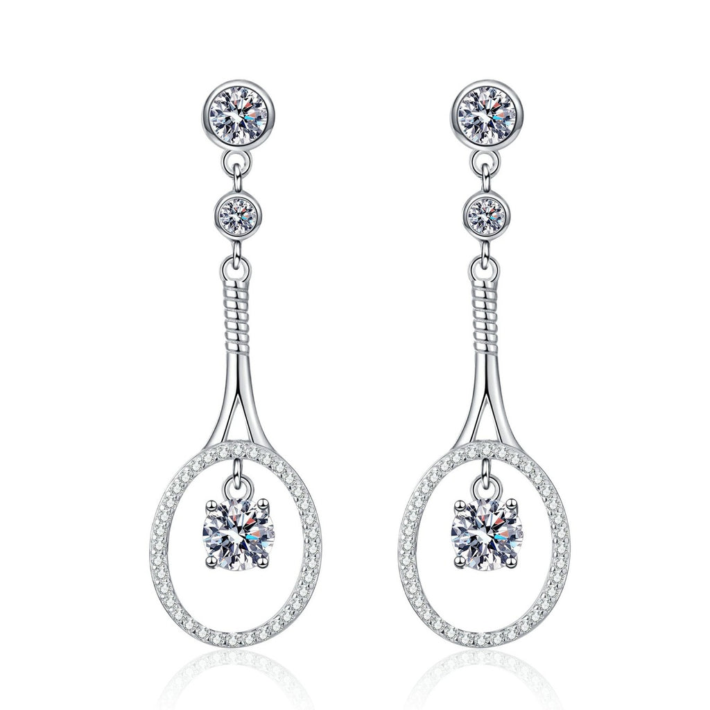 Teardrop Moissanite Stud Dangle Earrings with CZ in Rhodium-Plated S925 sterling silver white background product photo showing the pair, stone shape, and stud dangle earrings silhouette