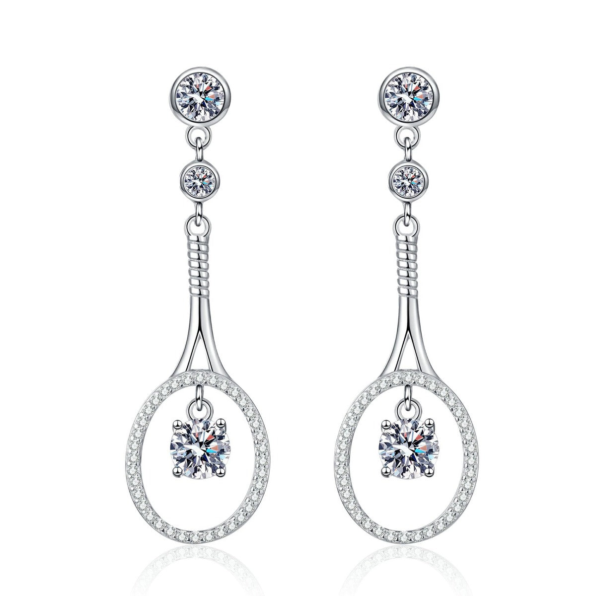 Teardrop Moissanite Stud Dangle Earrings with CZ in Rhodium-Plated S925 sterling silver white background product photo showing the pair, stone shape, and stud dangle earrings silhouette