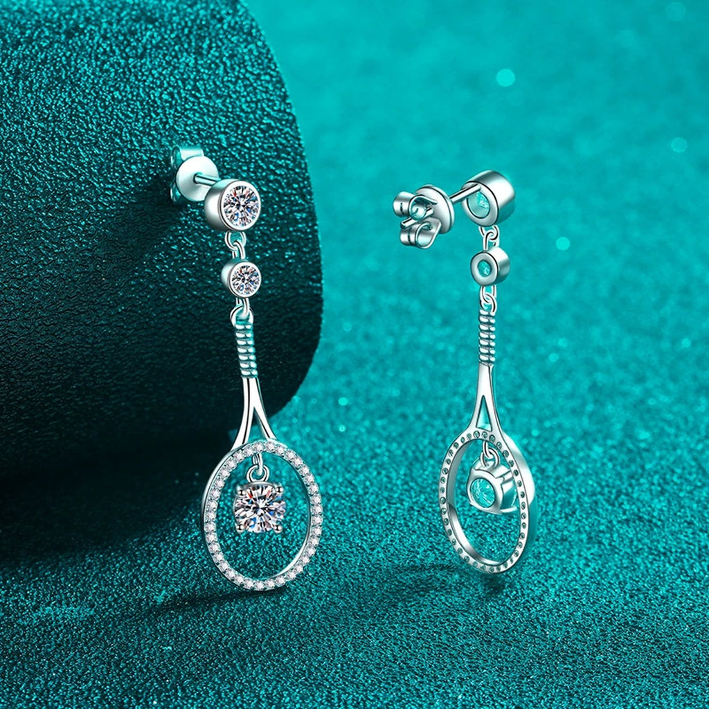 Teardrop Moissanite Stud Dangle Earrings with CZ in Rhodium-Plated S925 sterling silver product scene view showing angled setting detail