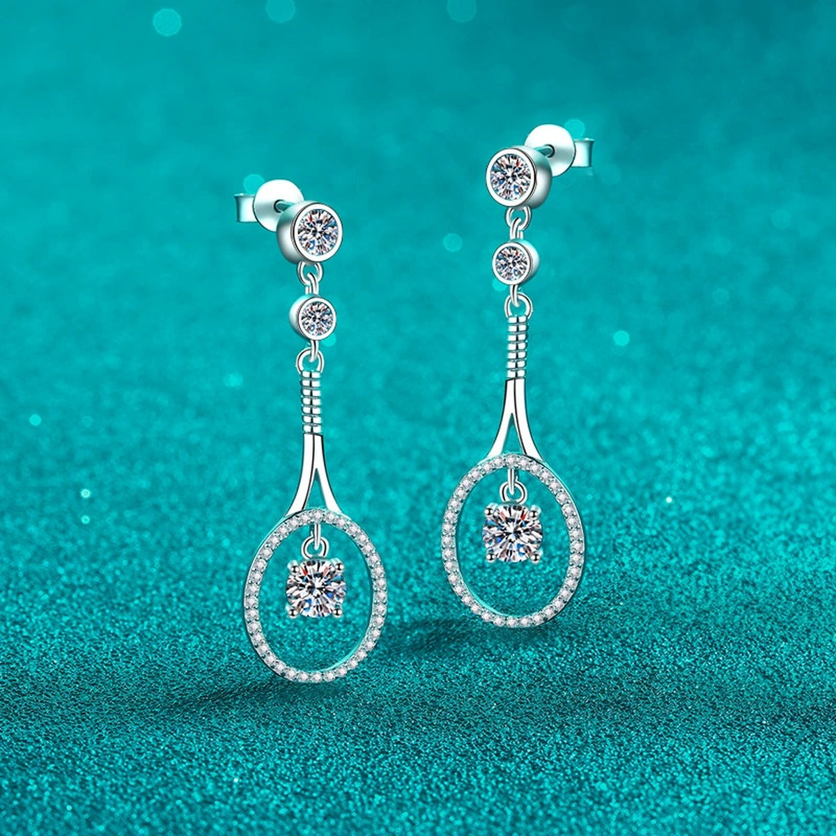 Teardrop Moissanite Stud Dangle Earrings with CZ in Rhodium-Plated S925 sterling silver product scene view showing side profile