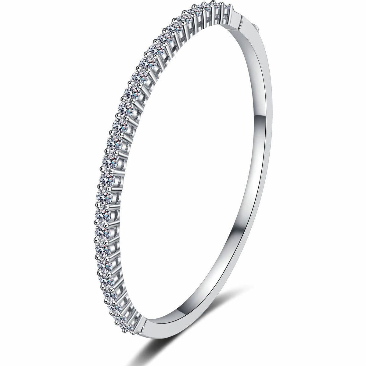 Round Moissanite Pave Bangle in Rhodium-Plated S925 sterling silver white background product photo showing bangle shape and moissanite setting