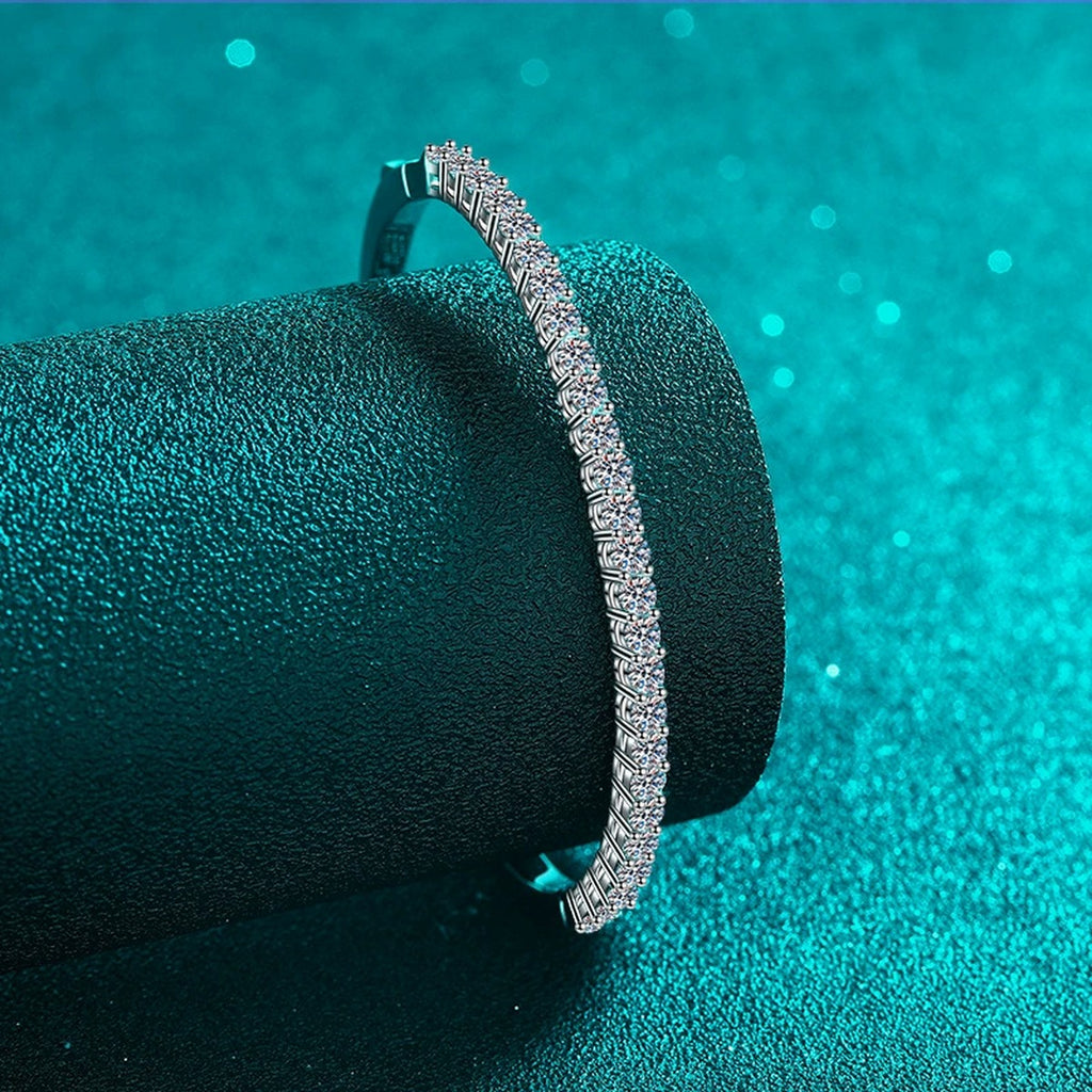 Round Moissanite Pave Bangle in Rhodium-Plated S925 sterling silver styled product scene showing moissanite sparkle and bangle detail