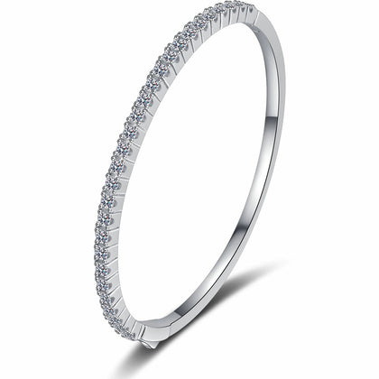 Slim Round Moissanite Bangle in Rhodium-Plated S925 sterling silver white background product photo showing bangle shape and moissanite setting