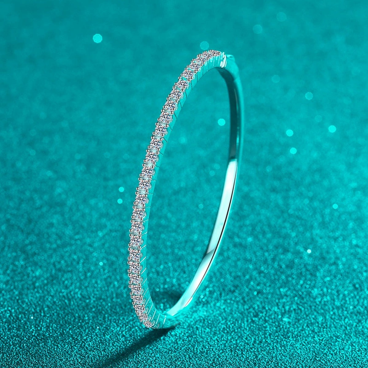 Slim Round Moissanite Bangle in Rhodium-Plated S925 sterling silver close-up bangle detail view showing stone setting and polished finish