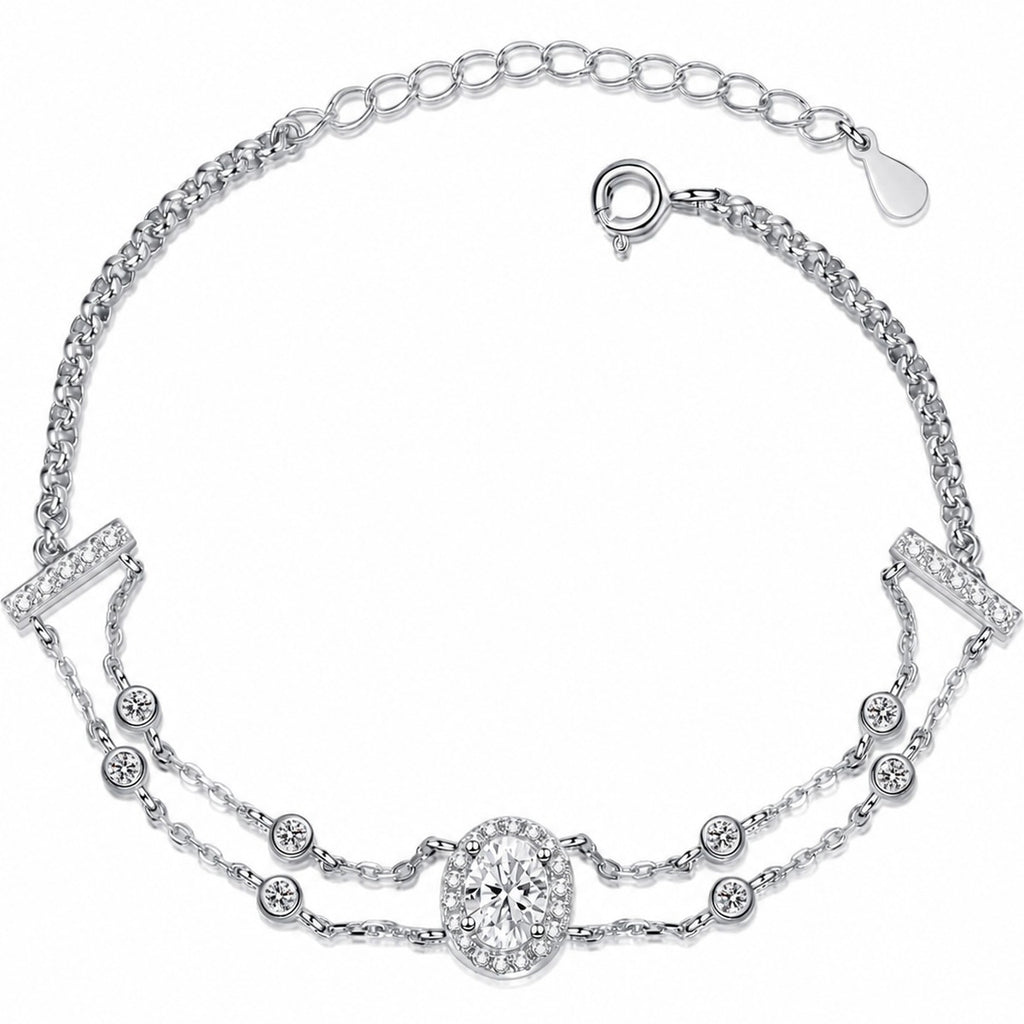 Oval Moissanite Adjustable Bracelet with CZ in Rhodium-Plated S925 sterling silver white background product photo showing bracelet shape and moissanite setting