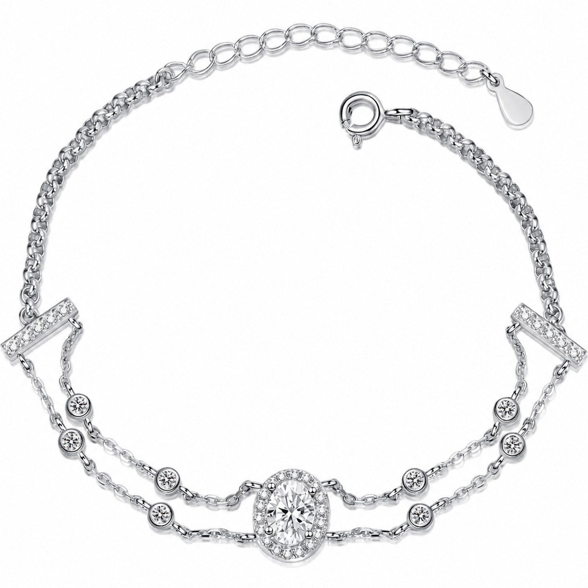 Oval Moissanite Adjustable Bracelet with CZ in Rhodium-Plated S925 sterling silver white background product photo showing bracelet shape and moissanite setting
