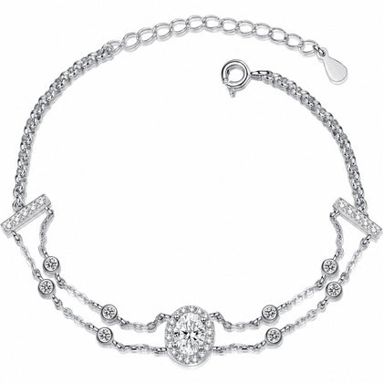 Oval Moissanite Adjustable Bracelet with CZ in Rhodium-Plated S925 sterling silver white background product photo showing bracelet shape and moissanite setting