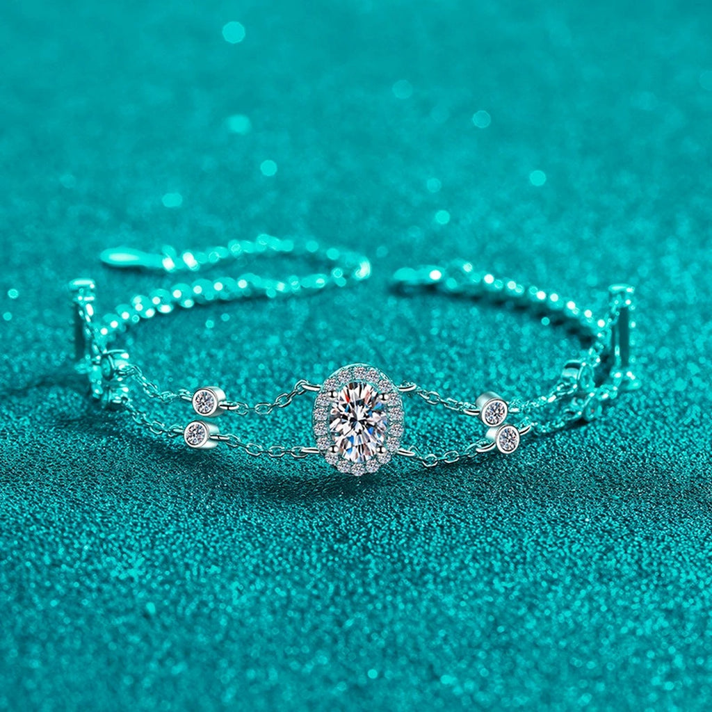 Oval Moissanite Adjustable Bracelet with CZ in Rhodium-Plated S925 sterling silver styled product scene showing stone sparkle and chain detail