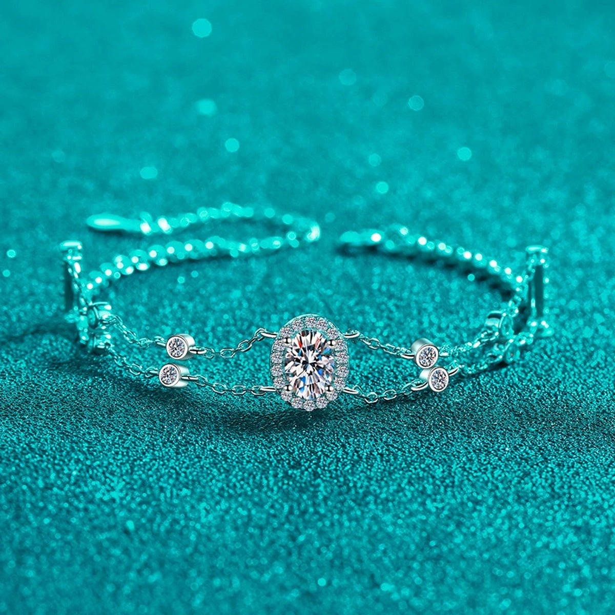 Oval Moissanite Adjustable Bracelet with CZ in Rhodium-Plated S925 sterling silver styled product scene showing stone sparkle and chain detail