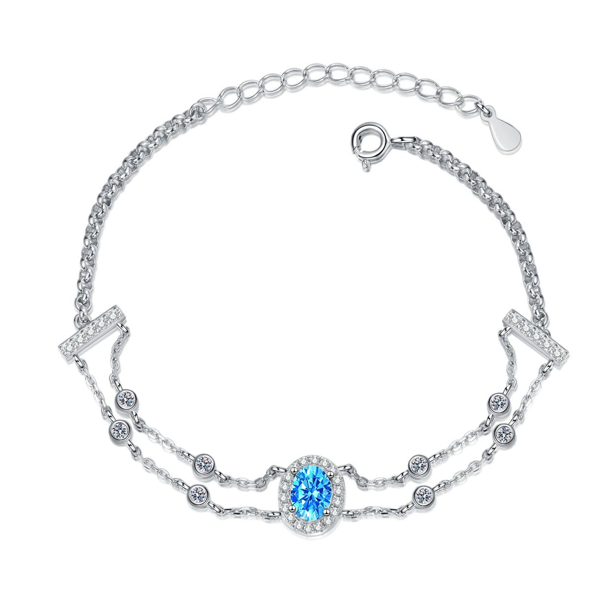 Oval Moissanite Adjustable Bracelet with CZ in Rhodium-Plated S925 sterling silver close-up bracelet detail view showing clasp and motif