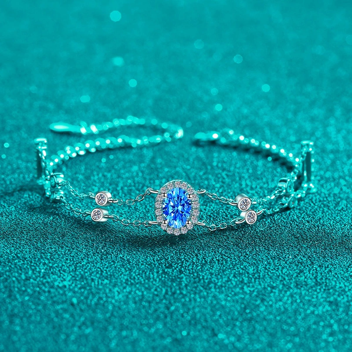 Oval Moissanite Adjustable Bracelet with CZ in Rhodium-Plated S925 sterling silver angled product display showing bracelet silhouette