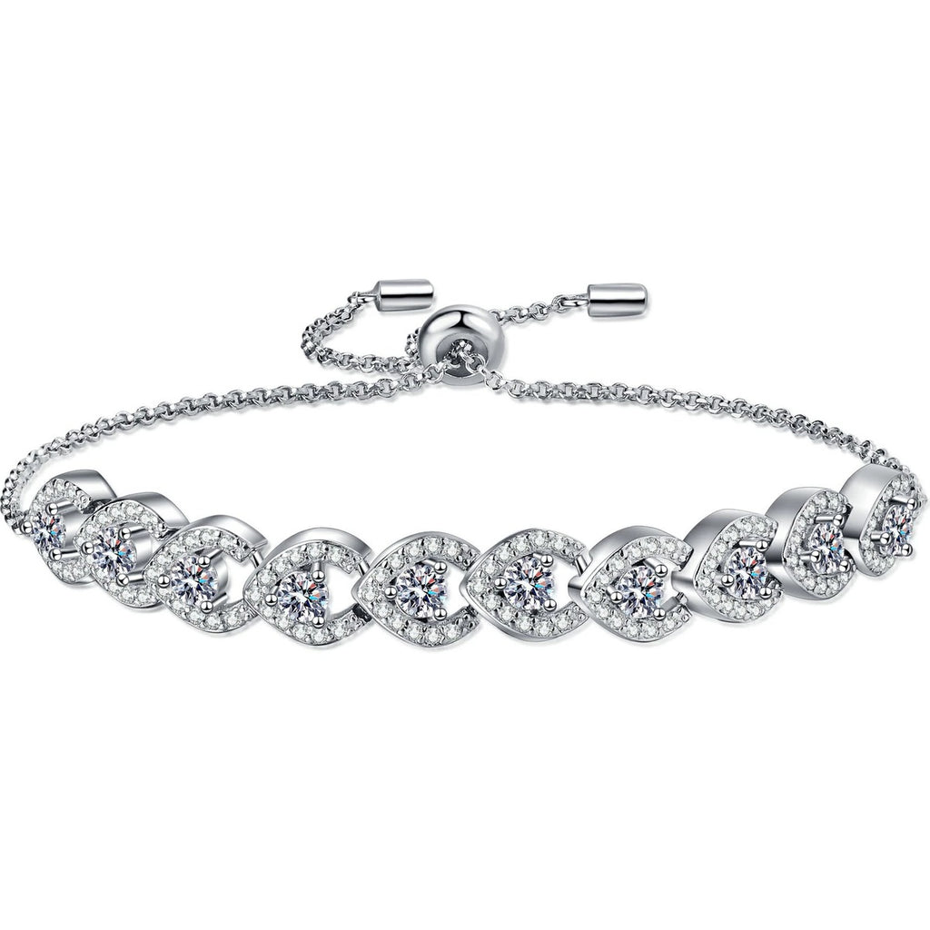 Round Moissanite Adjustable Tennis Bracelet with CZ in Rhodium-Plated S925 sterling silver white background product photo showing bracelet shape and moissanite setting