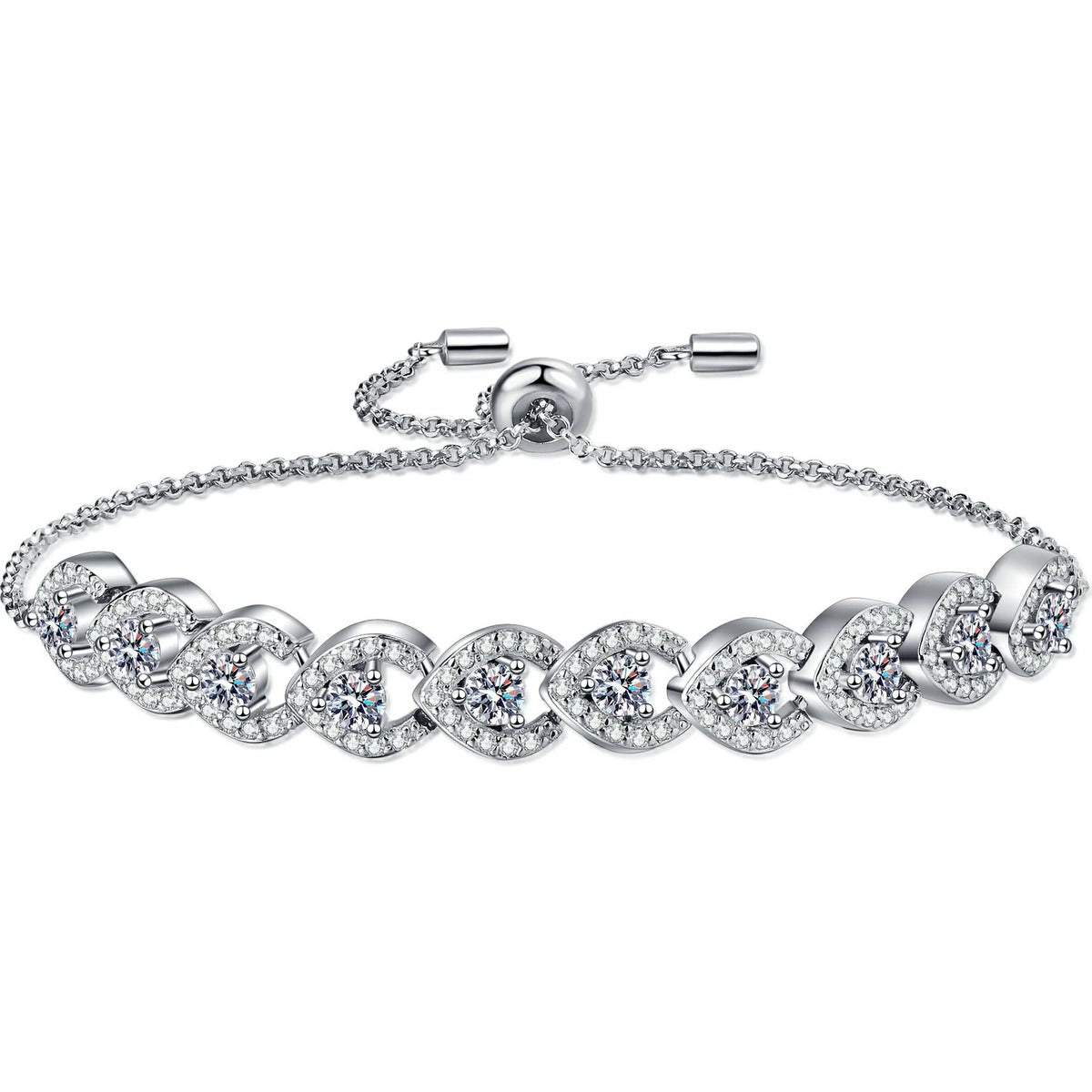 Round Moissanite Adjustable Tennis Bracelet with CZ in Rhodium-Plated S925 sterling silver white background product photo showing bracelet shape and moissanite setting