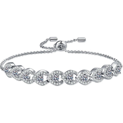 Round Moissanite Adjustable Tennis Bracelet with CZ in Rhodium-Plated S925 sterling silver white background product photo showing bracelet shape and moissanite setting