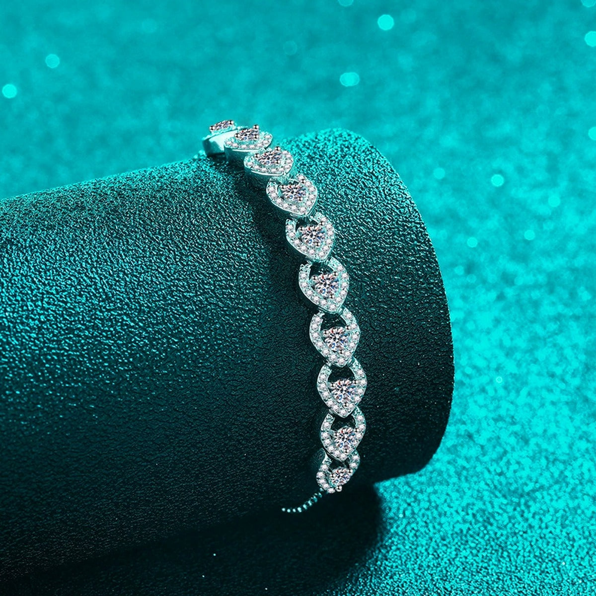 Round Moissanite Adjustable Tennis Bracelet with CZ in Rhodium-Plated S925 sterling silver angled product display showing bracelet silhouette