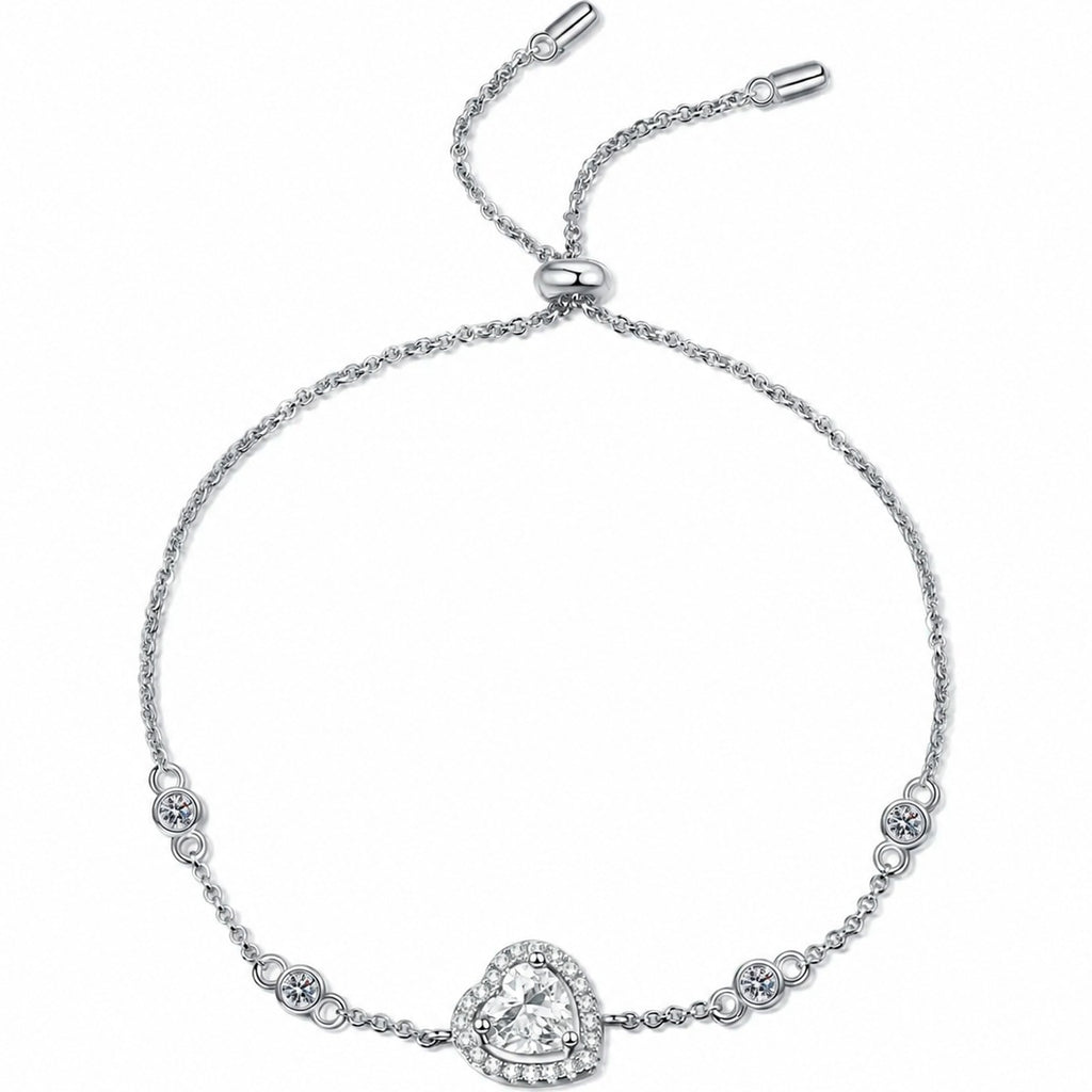 Heart Moissanite Adjustable Bracelet with CZ in Rhodium-Plated S925 sterling silver white background product photo showing bracelet shape and moissanite setting