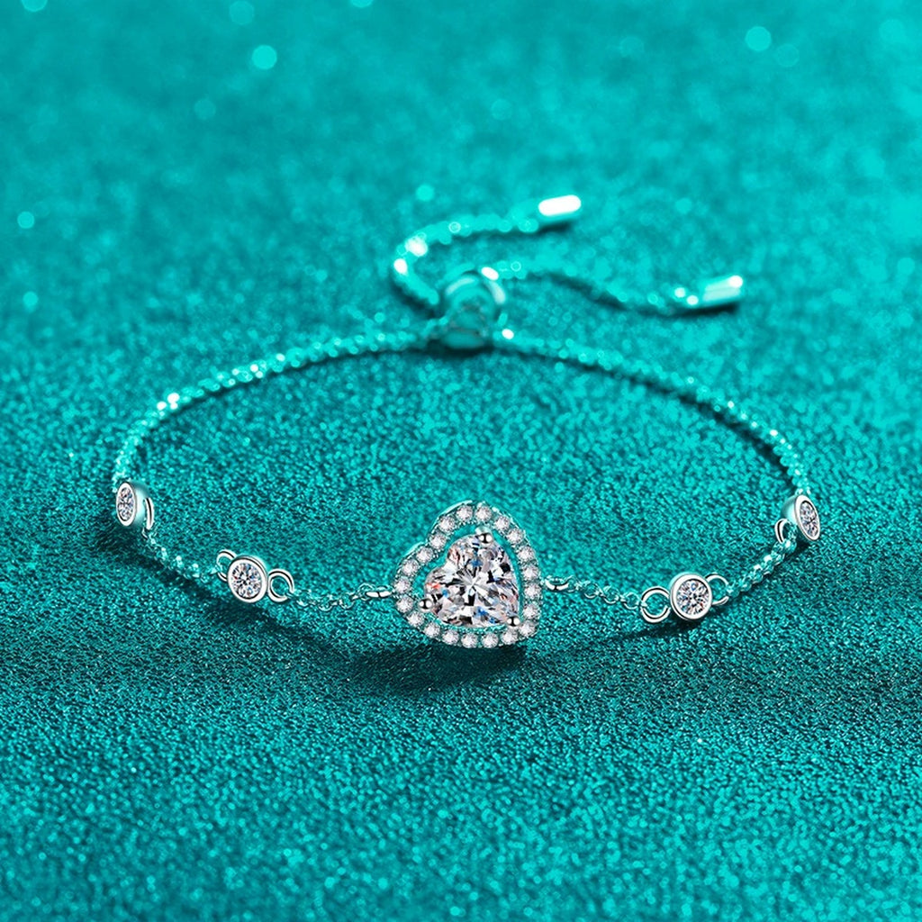 Heart Moissanite Adjustable Bracelet with CZ in Rhodium-Plated S925 sterling silver styled product scene showing stone sparkle and chain detail
