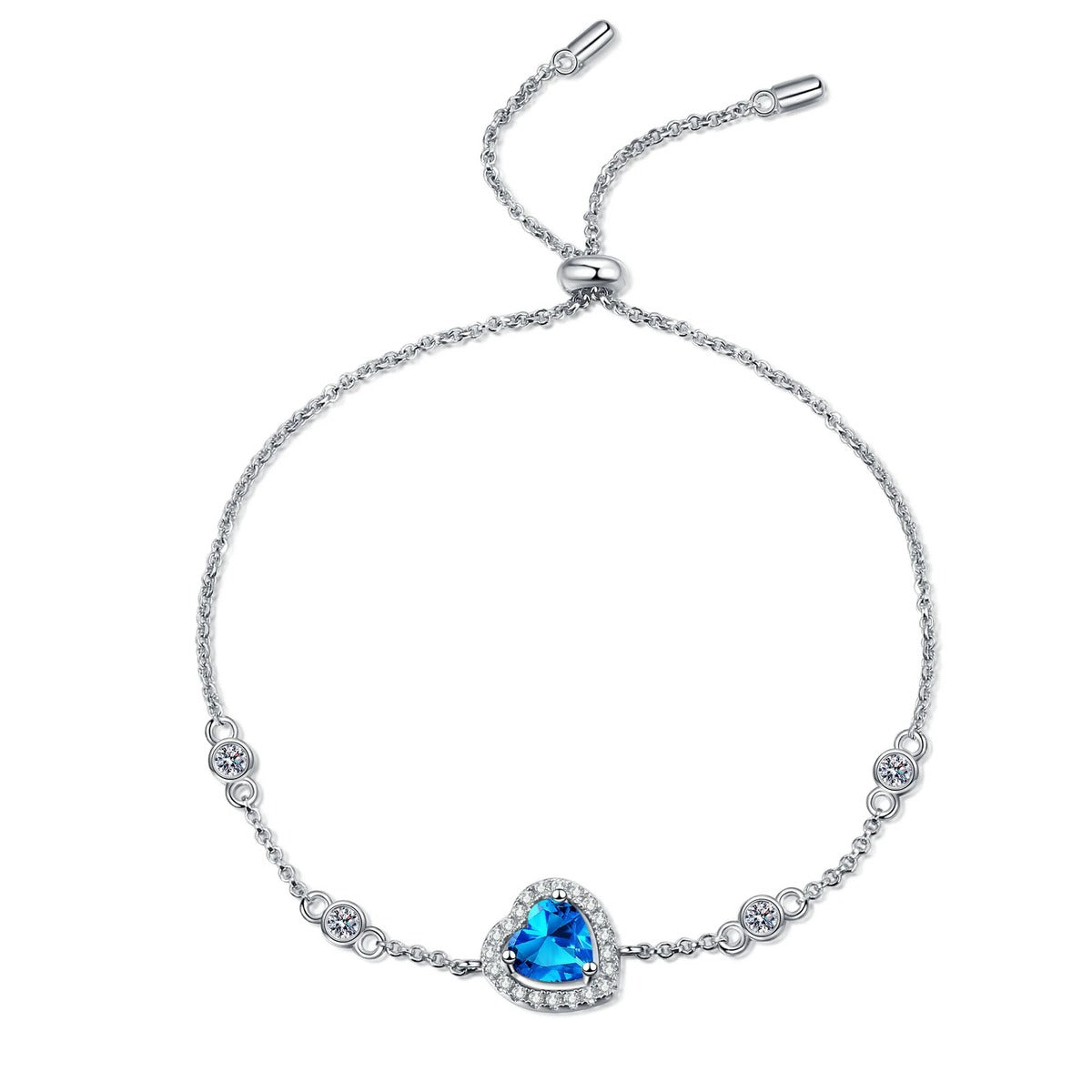 Heart Moissanite Adjustable Bracelet with CZ in Rhodium-Plated S925 sterling silver close-up bracelet detail view showing clasp and motif