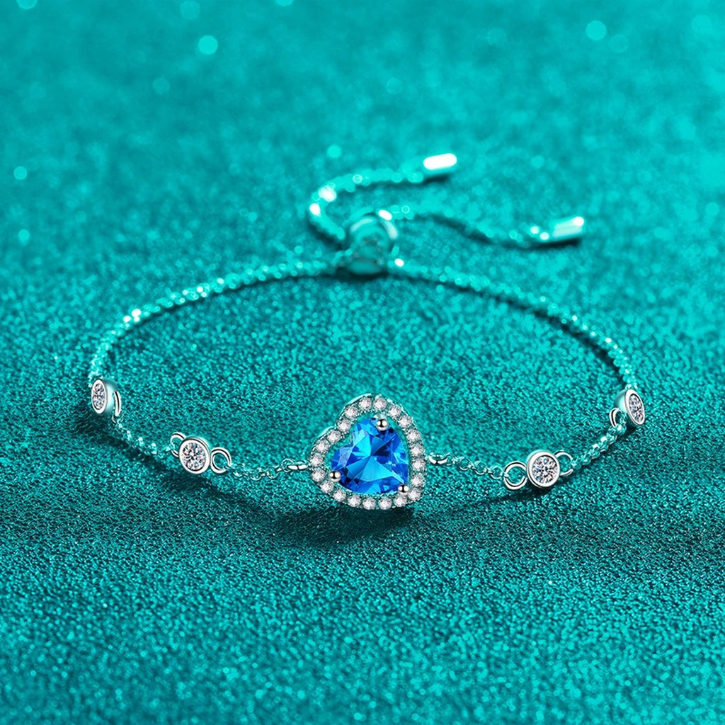 Heart Moissanite Adjustable Bracelet with CZ in Rhodium-Plated S925 sterling silver angled product display showing bracelet silhouette