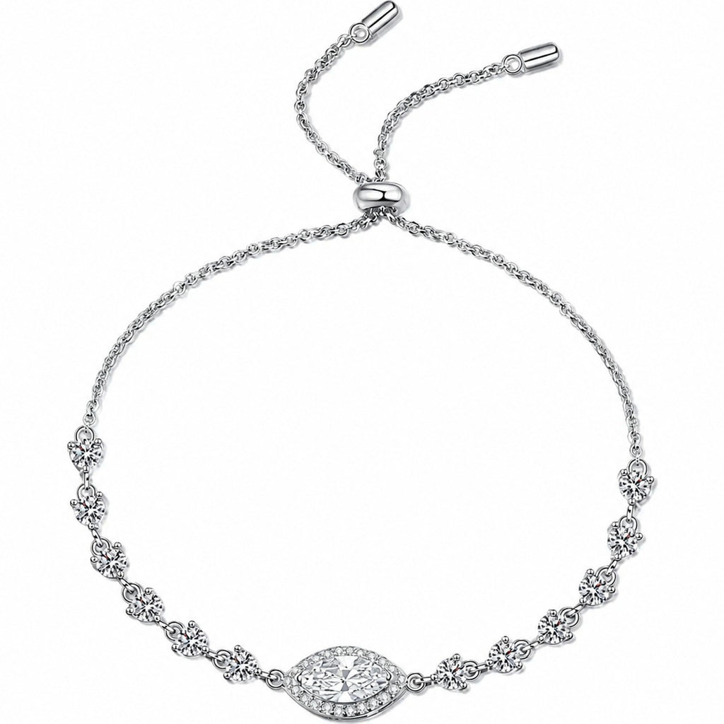 Marquise Moissanite Adjustable Tennis Bracelet with CZ in Rhodium-Plated S925 sterling silver white background product photo showing bracelet shape and moissanite setting