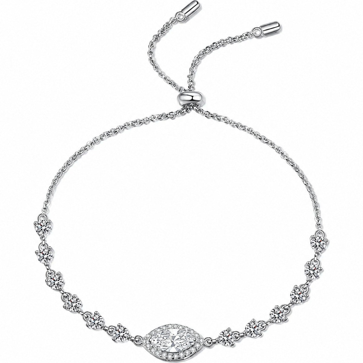 Marquise Moissanite Adjustable Tennis Bracelet with CZ in Rhodium-Plated S925 sterling silver white background product photo showing bracelet shape and moissanite setting