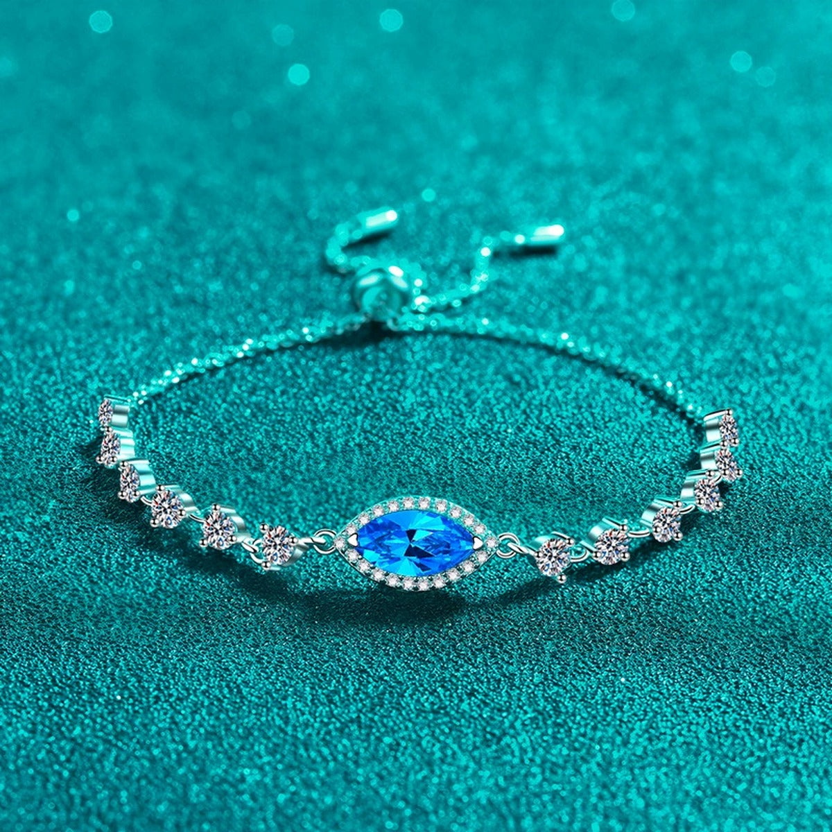 Marquise Moissanite Adjustable Tennis Bracelet with CZ in Rhodium-Plated S925 sterling silver close-up bracelet detail view showing clasp and motif