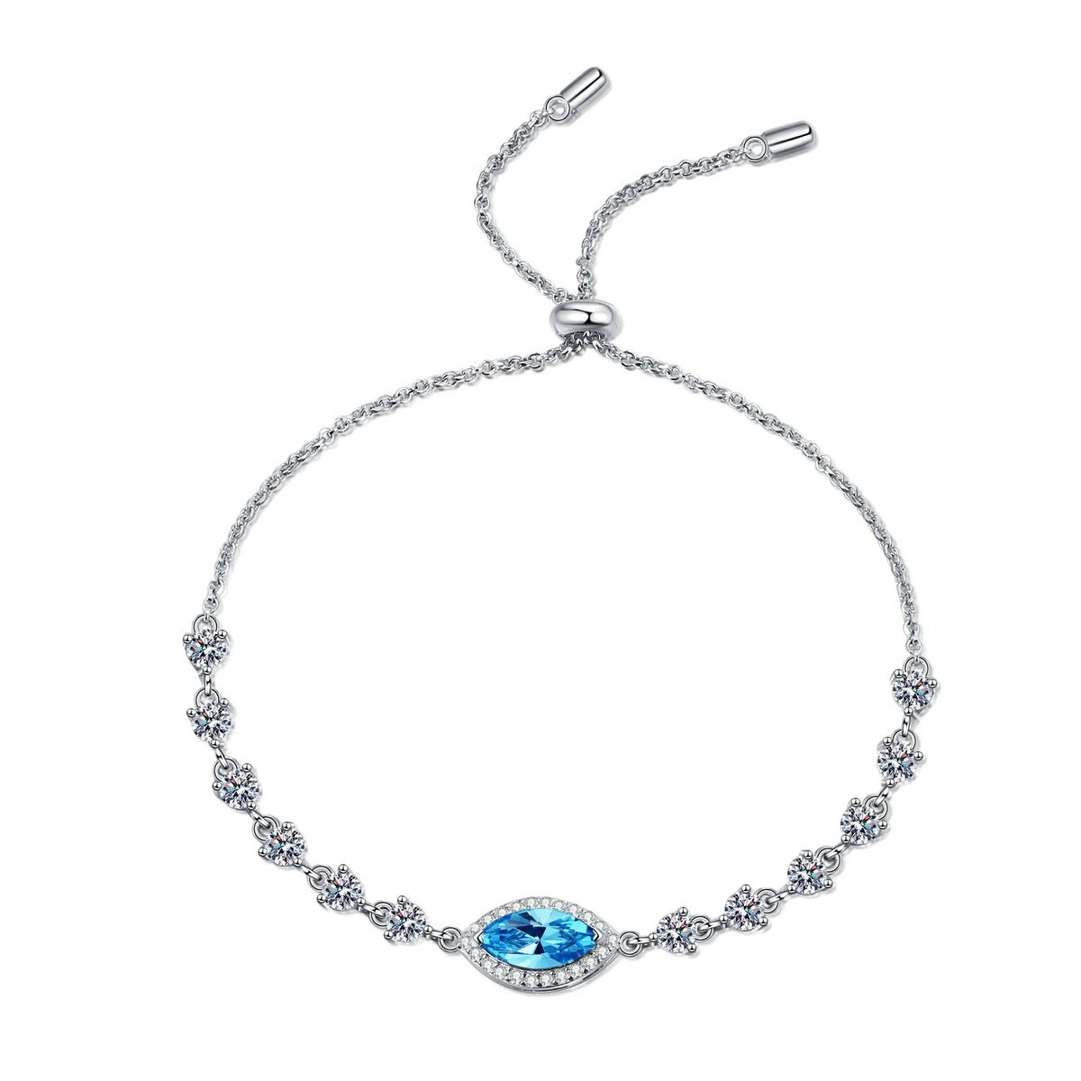 Marquise Moissanite Adjustable Tennis Bracelet with CZ in Rhodium-Plated S925 sterling silver angled product display showing bracelet silhouette