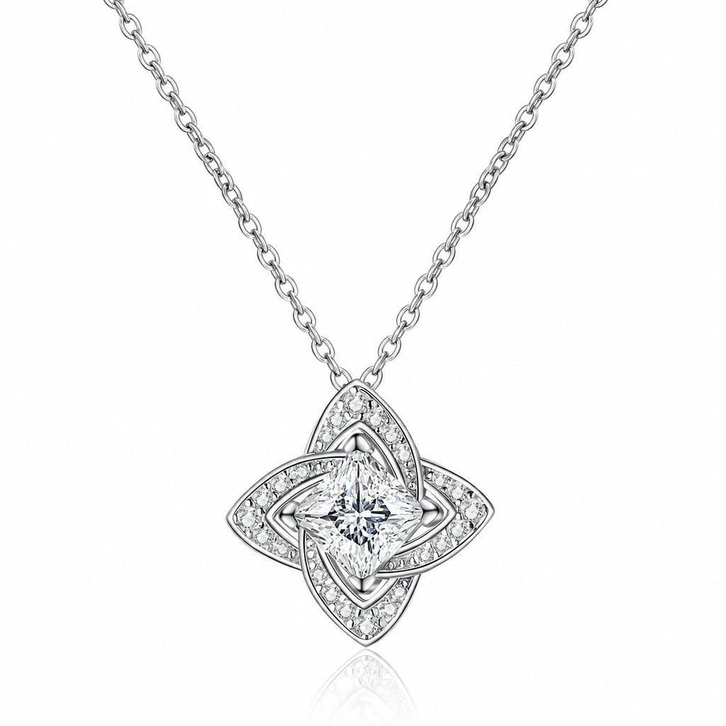 Princess Cut Moissanite Pendant Necklace with CZ in Rhodium-Plated S925 sterling silver white background product photo showing princess-cut pendant offered with white or blue moissanite centers