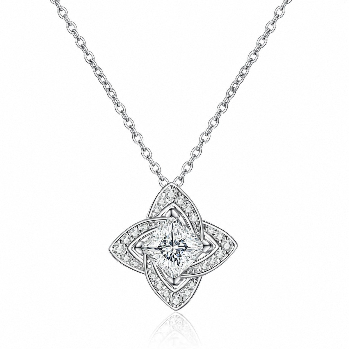 Princess Cut Moissanite Pendant Necklace with CZ in Rhodium-Plated S925 sterling silver white background product photo showing princess-cut pendant offered with white or blue moissanite centers