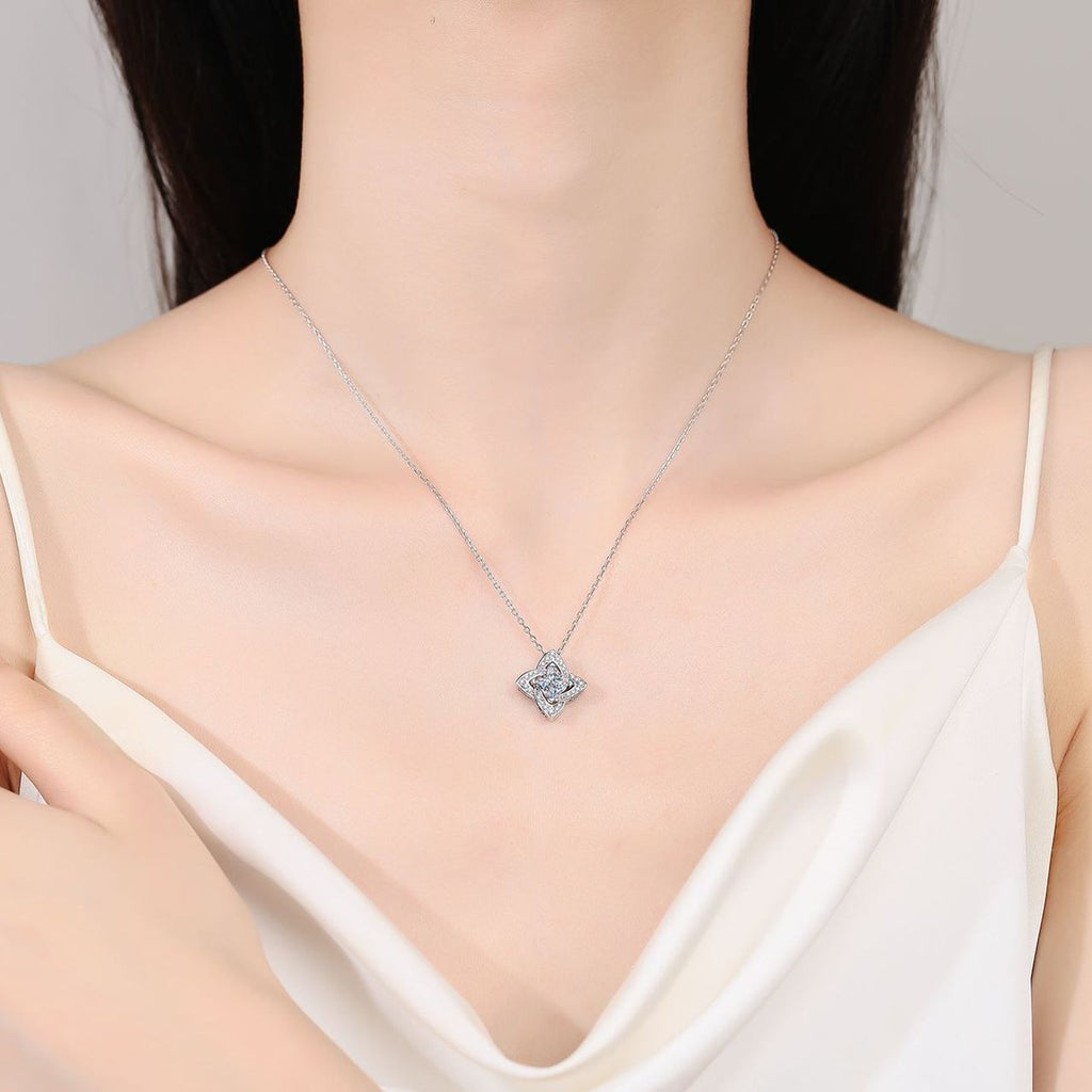 Princess Cut Moissanite Pendant Necklace with CZ in Rhodium-Plated S925 sterling silver neckline model view showing pendant scale and chain length
