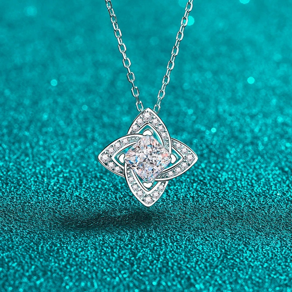 Princess Cut Moissanite Pendant Necklace with CZ in Rhodium-Plated S925 sterling silver display scene showing chain and stone layout