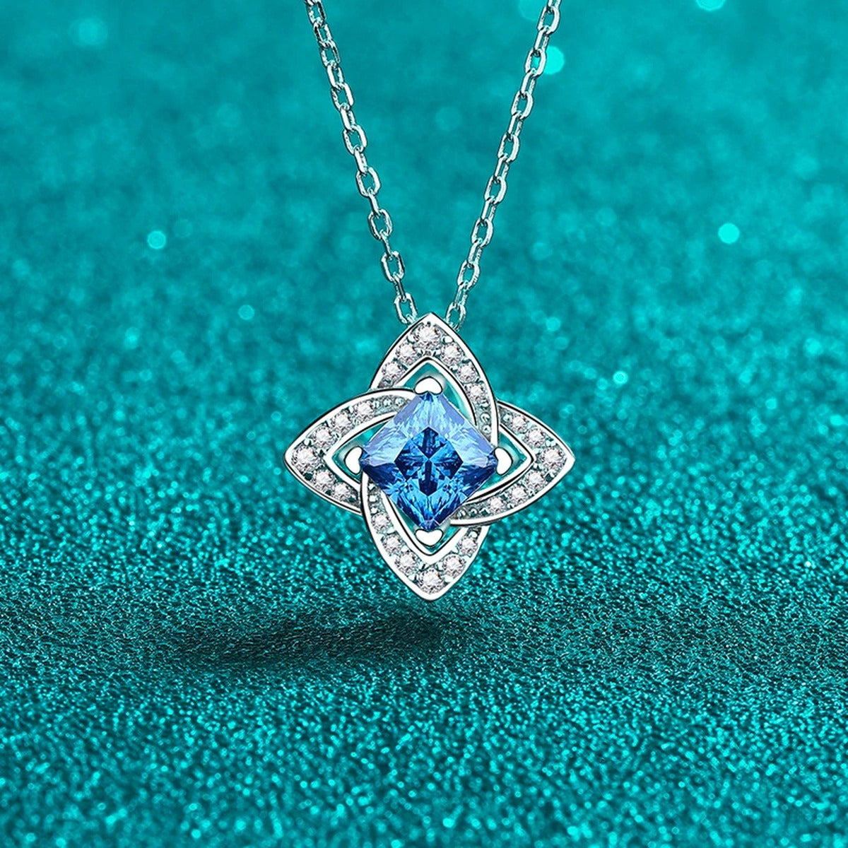 Princess Cut Moissanite Pendant Necklace with CZ in Rhodium-Plated S925 sterling silver angled product detail view
