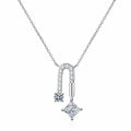 Geometric Moissanite Pendant Necklace with CZ in Rhodium-Plated S925 sterling silver white background product photo showing geometric drop pendant with round and princess-cut moissanite stones