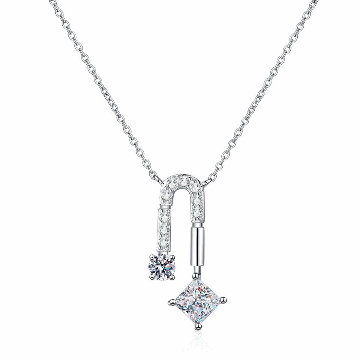 Geometric Moissanite Pendant Necklace with CZ in Rhodium-Plated S925 sterling silver white background product photo showing geometric drop pendant with round and princess-cut moissanite stones