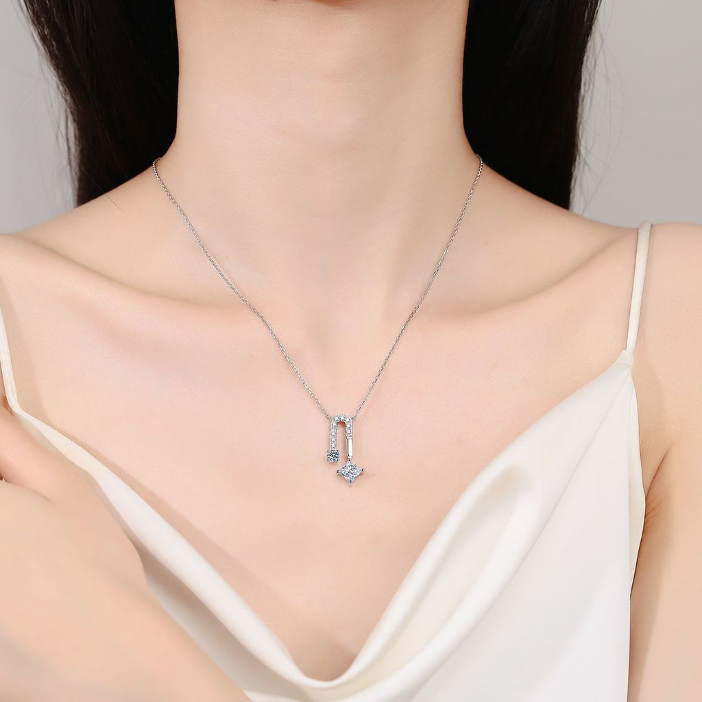 Geometric Moissanite Pendant Necklace with CZ in Rhodium-Plated S925 sterling silver neckline model view showing pendant scale and chain length